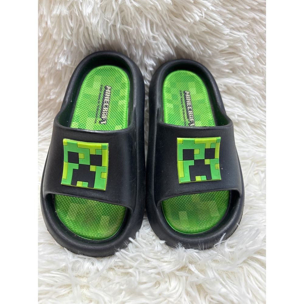 Minecraft Creeper Kids Slides Black Green Slip On Sandals Size 11/12